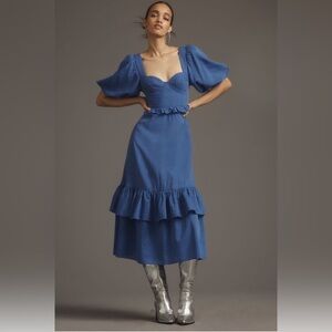Farm Rio Short-Sleeve Sweetheart Midi Dress